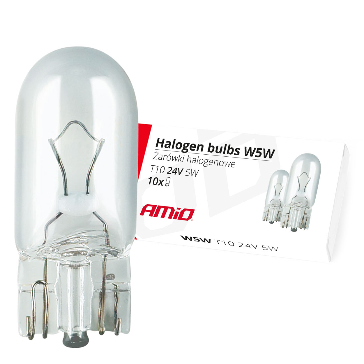 Εικόνα 1 από 1 — Amio – Λαμπτήρες Αλογόνου τύπου T10 W5W βάση W2.1×9.5d τάση λειτουργίας 24V απόδοσης 5W (Καρφωτά) για Φορτηγά – 10 τεμ. (01002/AM)
