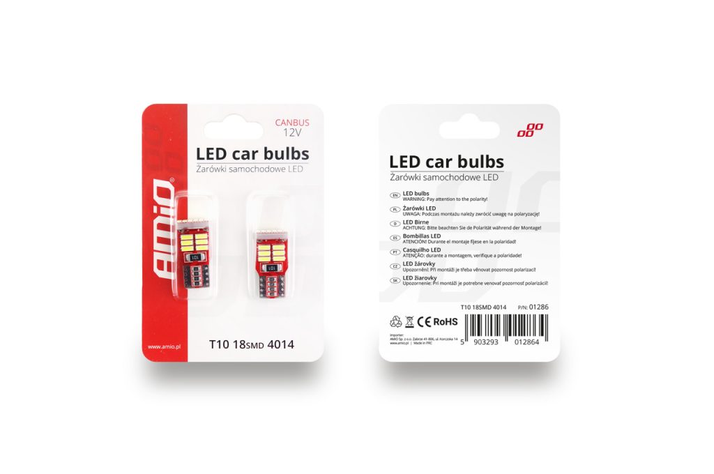 Εικόνα 2 από 2 — Amio – Λάμπες LED T10 W5W 12V 2.2W CAN-BUS 18xSMD4014 Λευκό Φως 5600K 12x23mm για Φώτα Θέσης Πινακίδας και Εσωτερικό Φωτισμό Αυτοκινήτου – 1 σετ (01286/AM)