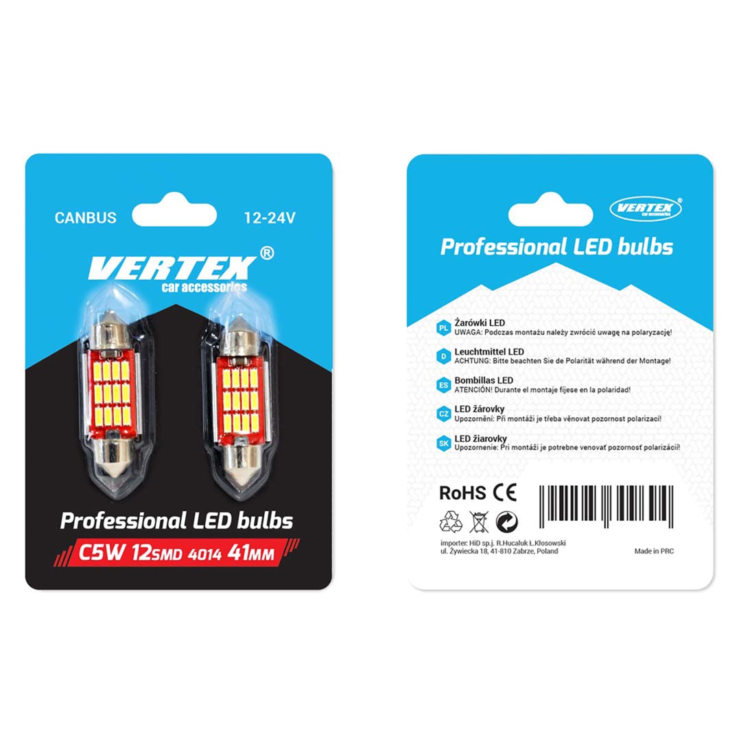 Εικόνα 2 από 2 — Amio – Λαμπάκια Πλαφονιέρας LED 41mm 12/24V 2.9W 5600K 12LED C10W Festoon Canbus Λευκό Φως για Εσωτερικό Φωτισμό και Πινακίδα Αυτοκινήτου – 2 τεμ. (01291/AM)