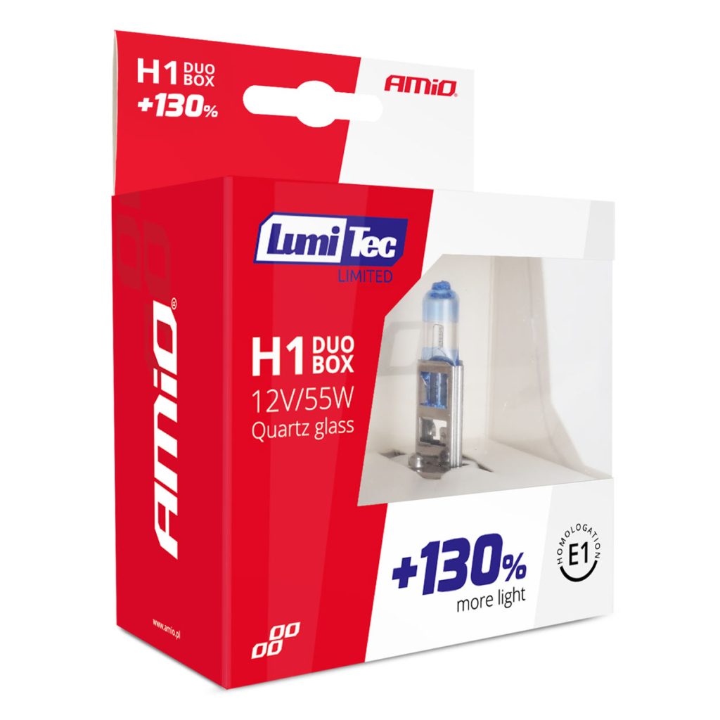 Εικόνα 5 από 5 — Amio – Λάμπα Αλογόνου Τύπου H1 Lumitec Limited βάση P14.5s τάση λειτουργίας 12V απόδοσης 55W χρώμα Λευκό +130% Φωτεινότητα Έως 40m για Επιβατικά Αυτοκίνητα – 2 τεμ. (01404/AM)
