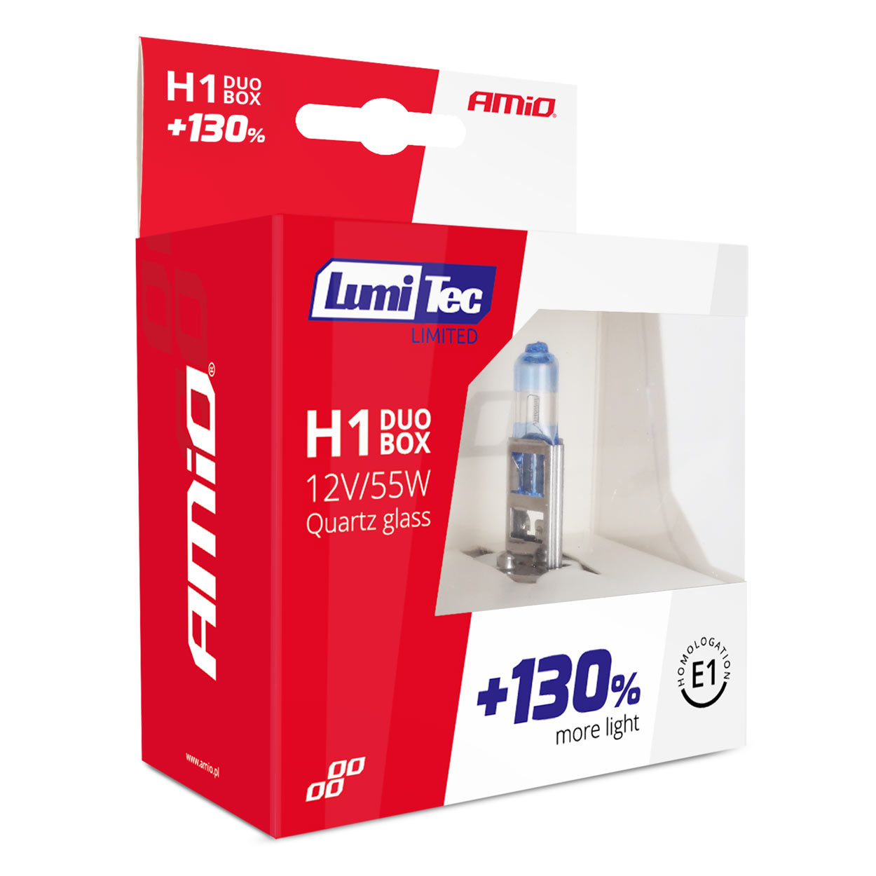 Εικόνα 5 από 5 — Amio – Λάμπα Αλογόνου Τύπου H1 Lumitec Limited βάση P14.5s τάση λειτουργίας 12V απόδοσης 55W χρώμα Λευκό +130% Φωτεινότητα Έως 40m για Επιβατικά Αυτοκίνητα – 2 τεμ. (01404/AM)
