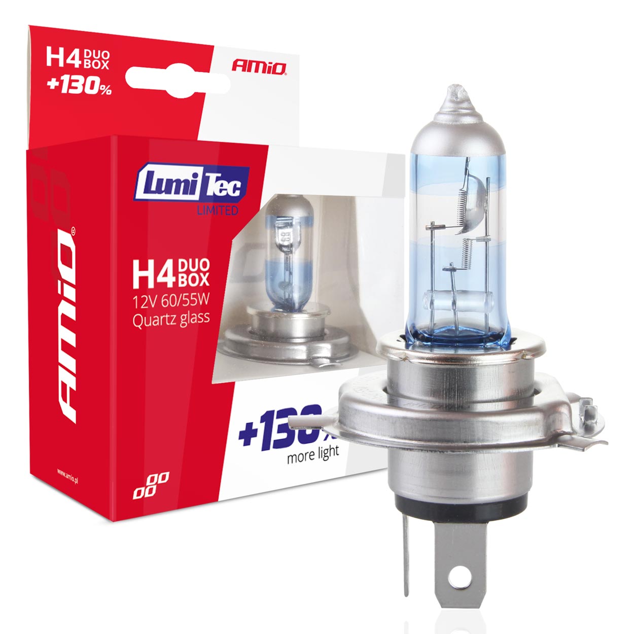 Εικόνα 1 από 5 — Amio – Λάμπες Αλογόνου H4 12V 60/55W P43t Lumitec Limited +130% έως 40m 4300K για Αυτοκίνητο & Μοτοσυκλέτα Σετ 2 Τεμ. (01405/AM)