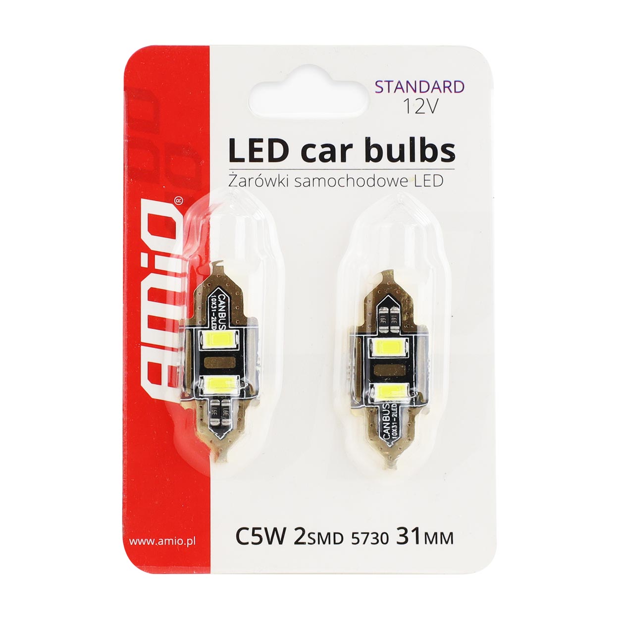 Εικόνα 3 από 3 — Amio – LED Λαμπάκια Πλαφονιέρας 31mm 12V 5600K 2xSMD 5730 για Εσωτερικό Φωτισμό Αυτοκινήτου – 2 Τεμ. (01448/AM)