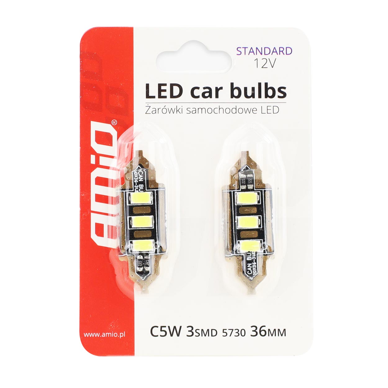 Εικόνα 3 από 3 — Amio – LED Λαμπάκια Πλαφονιέρας 36mm 12V 5600K 3xSMD 5730 για Εσωτερικό Φωτισμό Αυτοκινήτου – 2 Τεμ. (01449/AM)