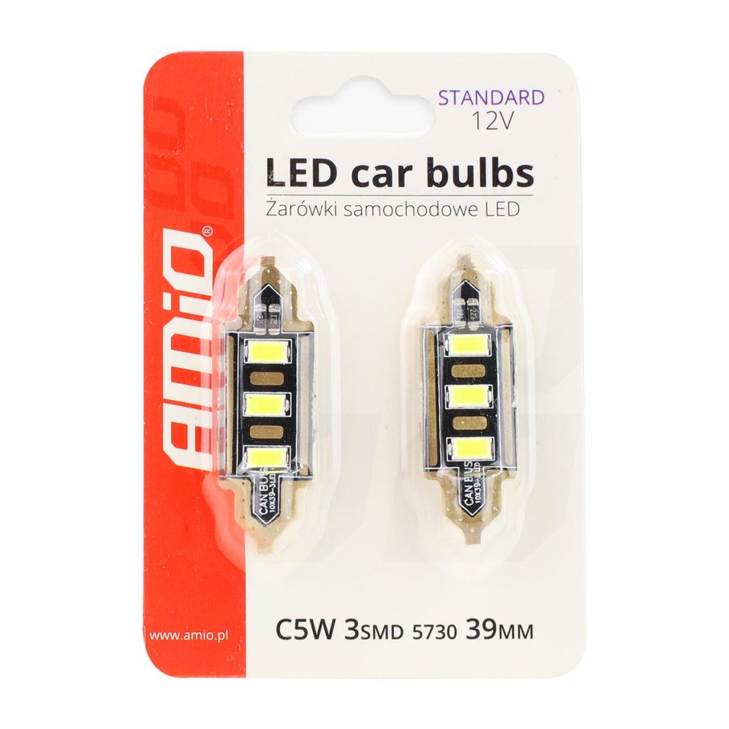 Εικόνα 3 από 3 — Amio – LED Λαμπάκια Πλαφονιέρας C5W 39mm 12V 0.5W 5600K 3xSMD 5730 για Αυτοκίνητο – 2 Τεμ. (01450/AM)