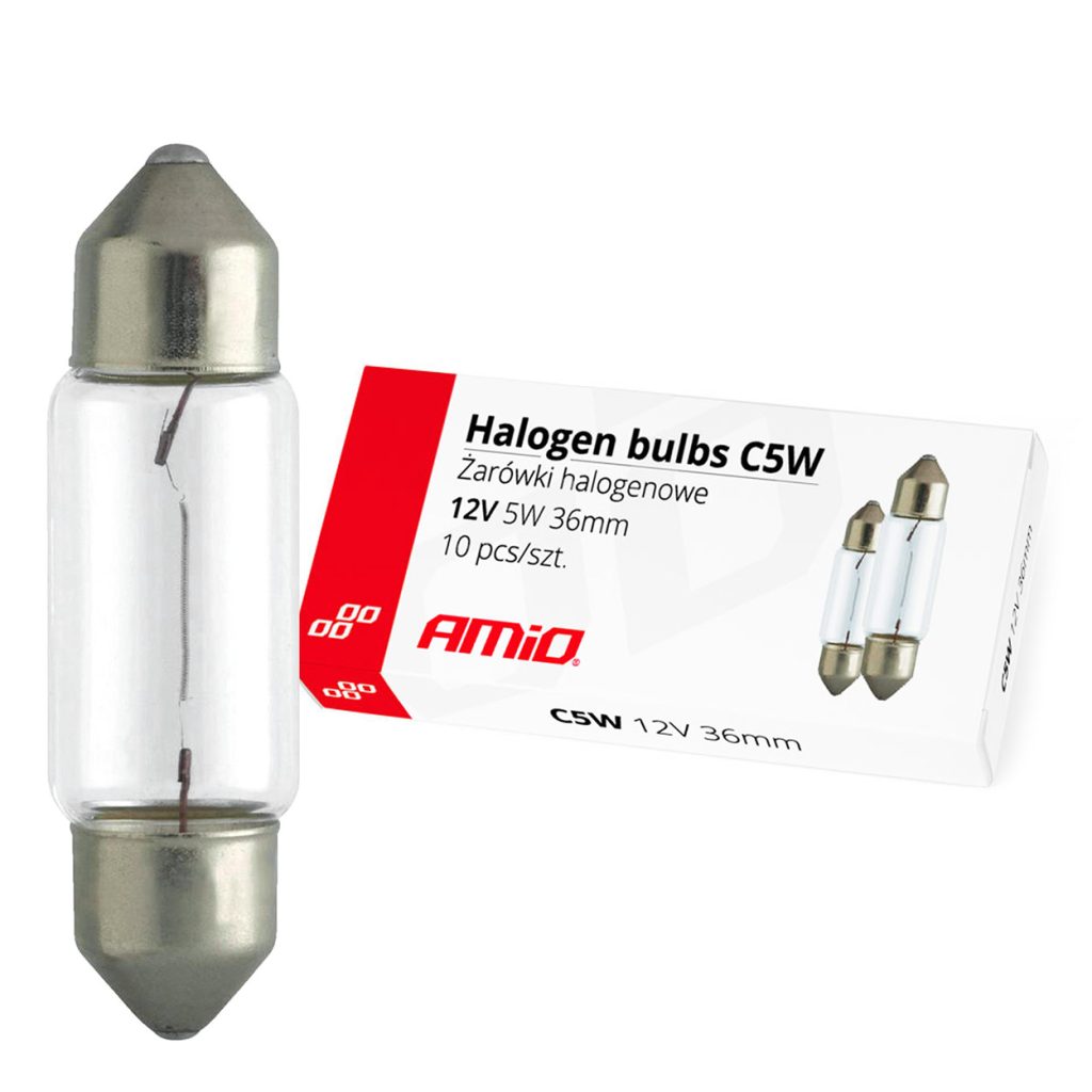 Εικόνα 1 από 1 — Amio – Λαμπτήρες Αλογόνου C5W SV8.5 12V 5W 36mm για Πλαφονιέρα Αυτοκινήτου – Κουτί 10 Τεμ. (01486/AM)