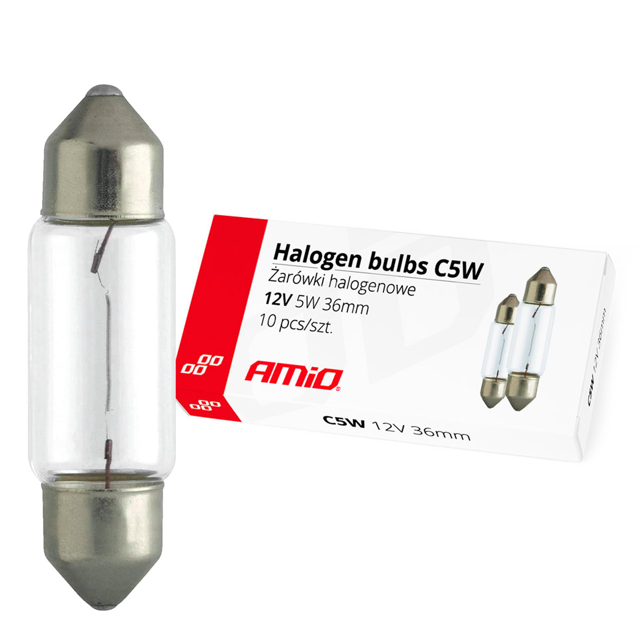 Εικόνα 1 από 1 — Amio – Λαμπτήρες Αλογόνου C5W SV8.5 12V 5W 36mm για Πλαφονιέρα Αυτοκινήτου – Κουτί 10 Τεμ. (01486/AM)