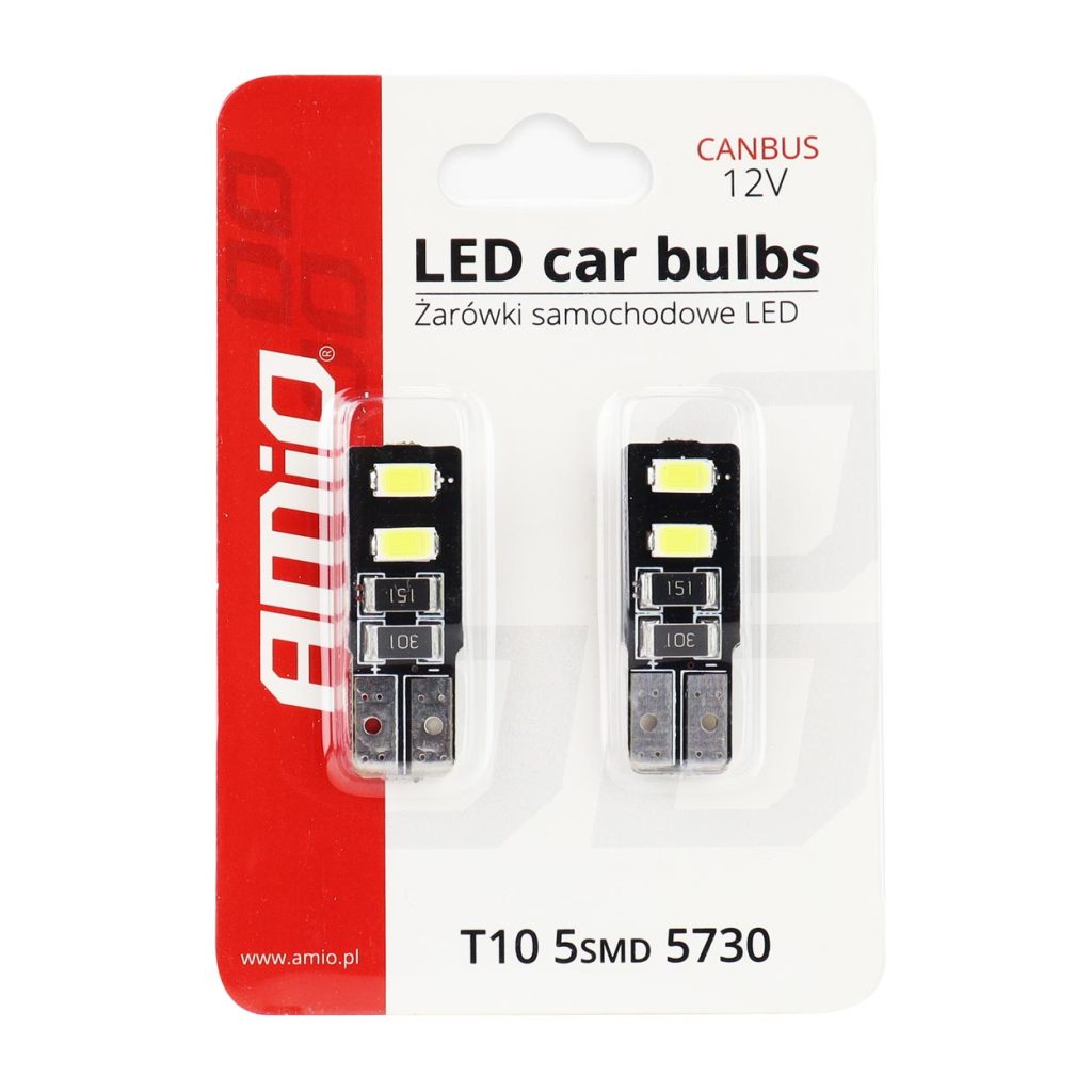 Εικόνα 3 από 3 — Amio – Λαμπάκια LED T10 W5W 12V 2W 5600K 4xSMD 5730 CANBUS Καρφωτά για Ισχυρό Λευκό Φωτισμό χωρίς Σφάλματα – Σετ 2 Τεμ. (01630/AM)