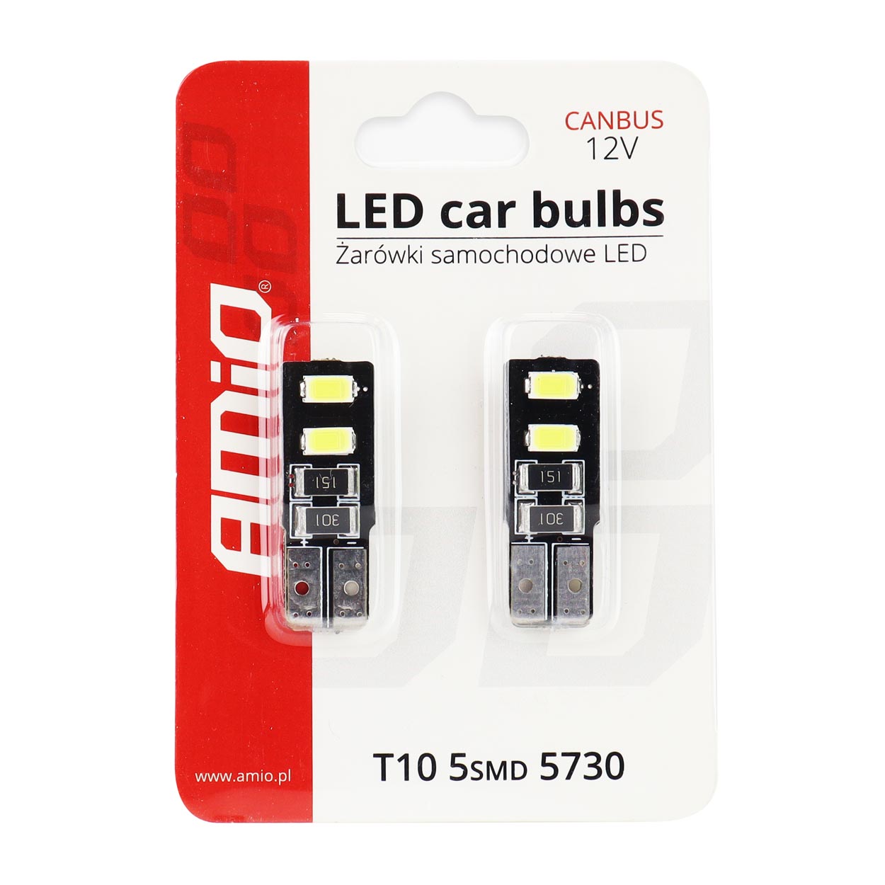 Εικόνα 3 από 3 — Amio – Λαμπάκια LED T10 W5W 12V 2W 5600K 4xSMD 5730 CANBUS Καρφωτά για Ισχυρό Λευκό Φωτισμό χωρίς Σφάλματα – Σετ 2 Τεμ. (01630/AM)