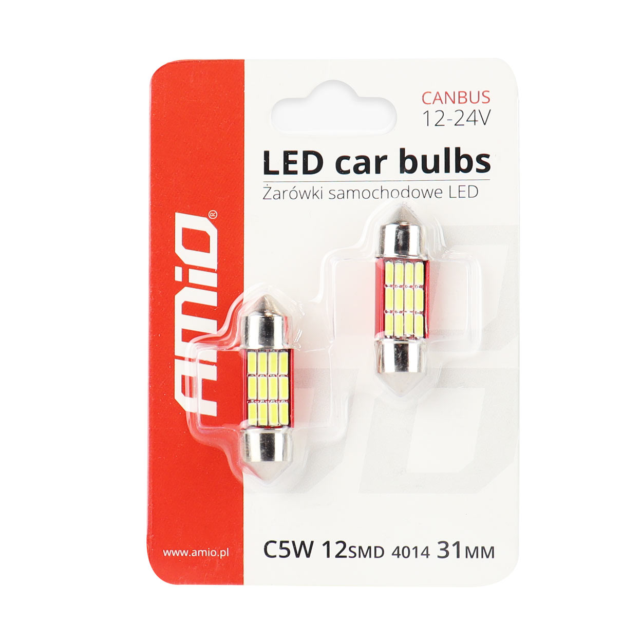 Εικόνα 3 από 3 — Amio – Λαμπάκια Πλαφονιέρας LED 31mm C5W C10W 12/24V 2W 5600K 12xSMD 4014 CANBUS για Καθαρό Φωτισμό Εσωτερικού – Σετ 2 Τεμ. (01631/AM)
