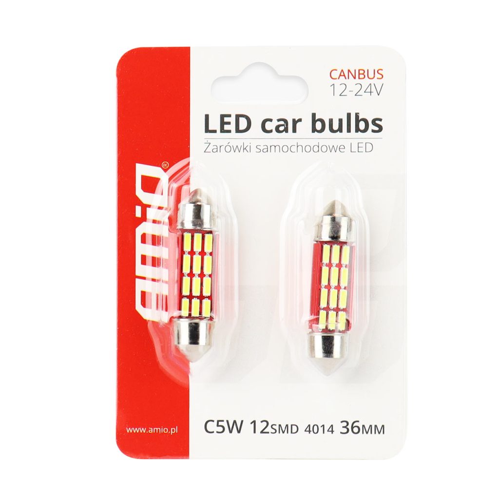 Εικόνα 3 από 3 — Amio – Λαμπάκια Πλαφονιέρας LED 36mm C5W C10W 12/24V 2W 5600K 12xSMD 4014 CANBUS για Καθαρό Φωτισμό Εσωτερικού – Σετ 2 Τεμ. (01632/AM)