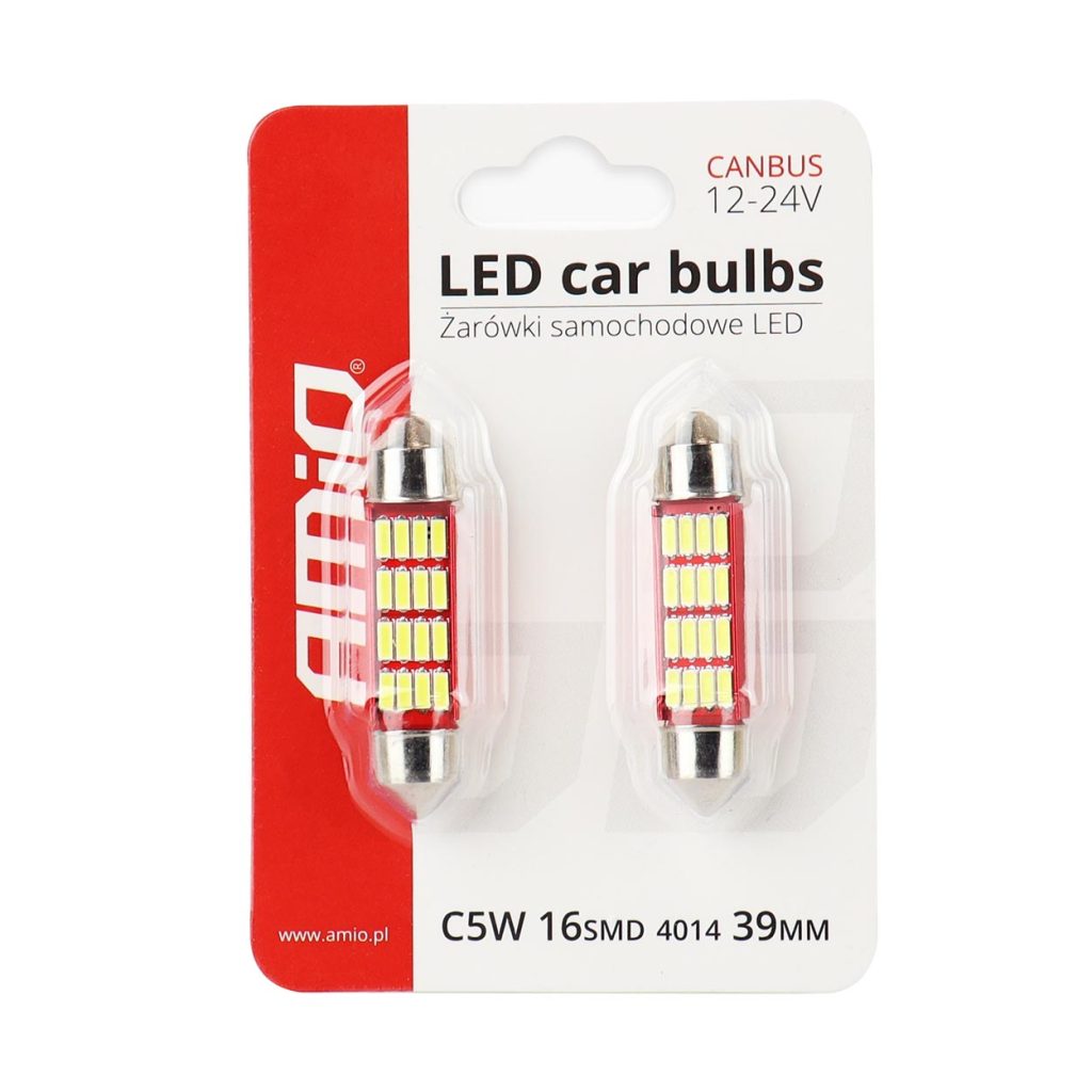 Εικόνα 3 από 3 — Amio – Λαμπάκια Πλαφονιέρας LED 39mm C5W C10W 12/24V 2.2W 5600K 14xSMD 4014 CANBUS για Ισχυρό Φωτισμό Εσωτερικού – Σετ 2 Τεμ. (01633/AM)