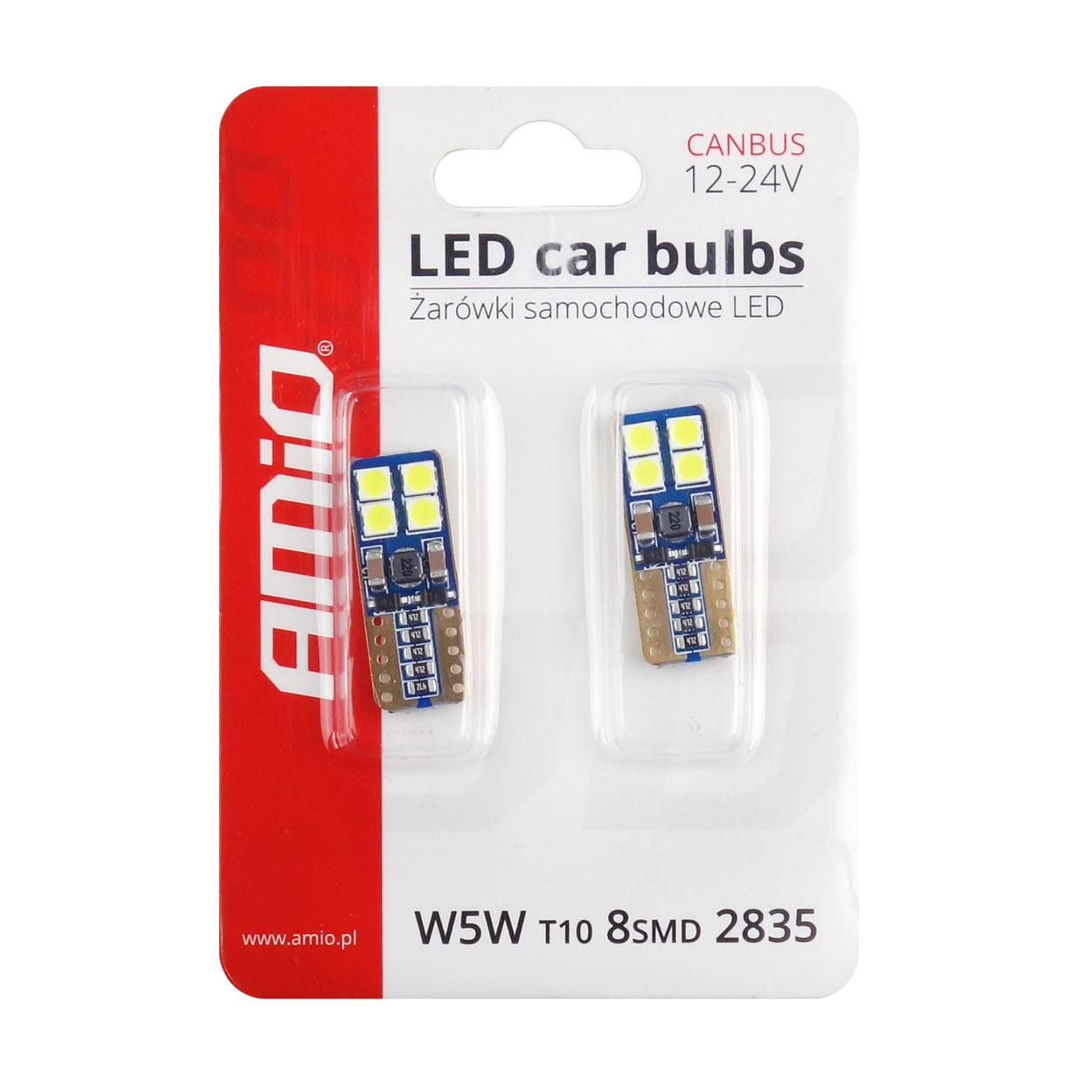Εικόνα 3 από 3 — Amio – Λαμπάκια LED T10 W5W 12/24V 2W 5600K 8xSMD 2835 CANBUS Καρφωτά για Ισχυρό Λευκό Φωτισμό χωρίς Σφάλματα – Σετ 2 Τεμ. (01635/AM)