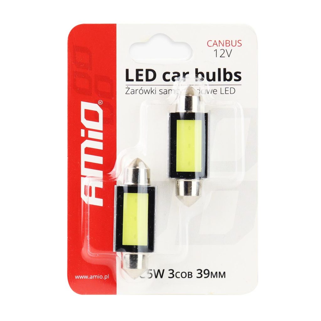 Εικόνα 3 από 3 — Amio – Λαμπάκια Πλαφονιέρας LED 39mm C5W C10W 12V 2.4W 5600K 3xCOB CANBUS για Ισχυρό Ομοιόμορφο Φωτισμό Εσωτερικού – Σετ 2 Τεμ. (01640/AM)