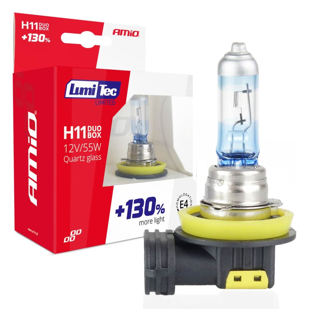Εικόνα 1 από 5 — Amio – Λάμπες Αλογόνου H11 12V 55W PGJ19-2 LumiTec Limited με +130% Φωτεινότητα και Δέσμη έως 40m για Μεσαία & Μεγάλη Σκάλα με Λευκό Φως 4300K και UV Protection – 1 Σετ (02105/AM)