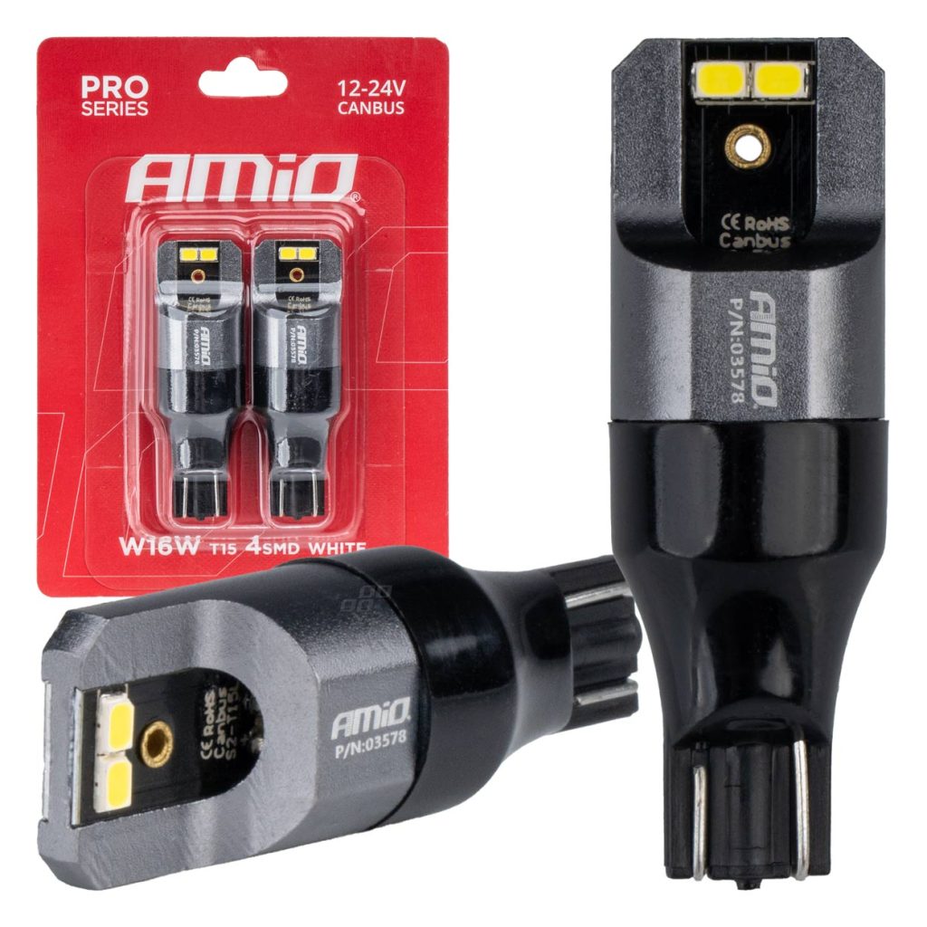 Εικόνα 1 από 3 — Amio – ΛΑΜΠΑΚΙΑ T15 W16W 12/24V 6.000K 4xSMD LED CAN-BUS ΛΕΥΚΟ 2016 PRO SERIES – 2 Τεμ. (03578/AM)
