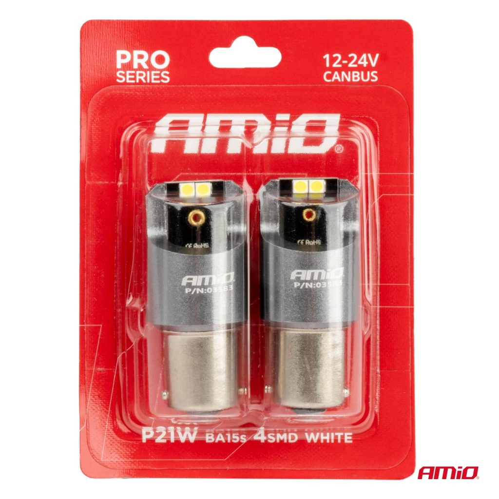Εικόνα 4 από 4 — Amio – ΛΑΜΠΕΣ LED CAN-BUS P21W BA15S 12/24V 6.000K 4xSMD ΛΕΥΚΟ PRO SERIES – 2 ΤΕΜ. (03583/AM)