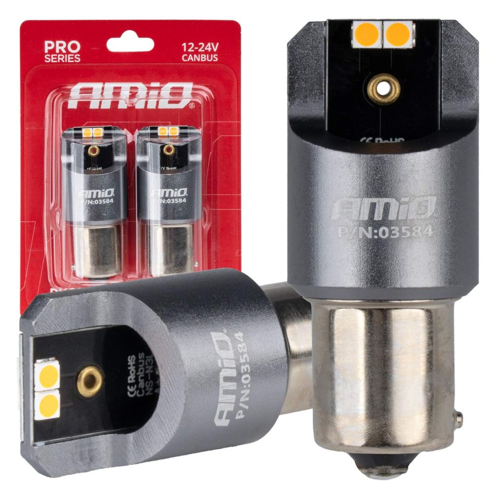 Εικόνα 1 από 4 — Amio – ΛΑΜΠΕΣ LED CAN-BUS PΥ21W BAU15S 12/24V 6.000K 4xSMD ΠΟΡΤΟΚΑΛΙ PRO SERIES – 2 ΤΕΜ. (03584/AM)
