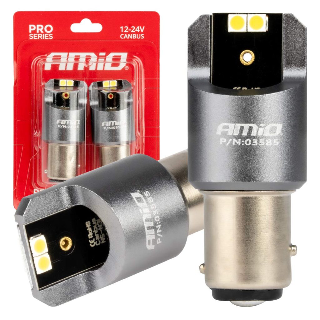 Εικόνα 1 από 4 — Amio – ΛΑΜΠΑΚΙΑ P21/5W BAY15d 12/24V 6.000K 4xSMD LED CAN-BUS ΛΕΥΚΟ PRO SERIES – 2 Τεμ. (03585/AM)