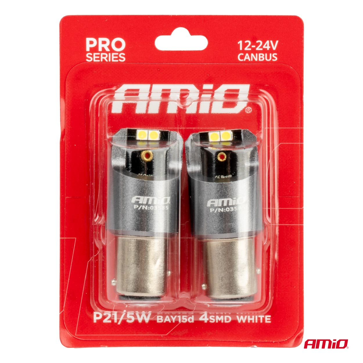 Εικόνα 4 από 4 — Amio – ΛΑΜΠΑΚΙΑ P21/5W BAY15d 12/24V 6.000K 4xSMD LED CAN-BUS ΛΕΥΚΟ PRO SERIES – 2 Τεμ. (03585/AM)