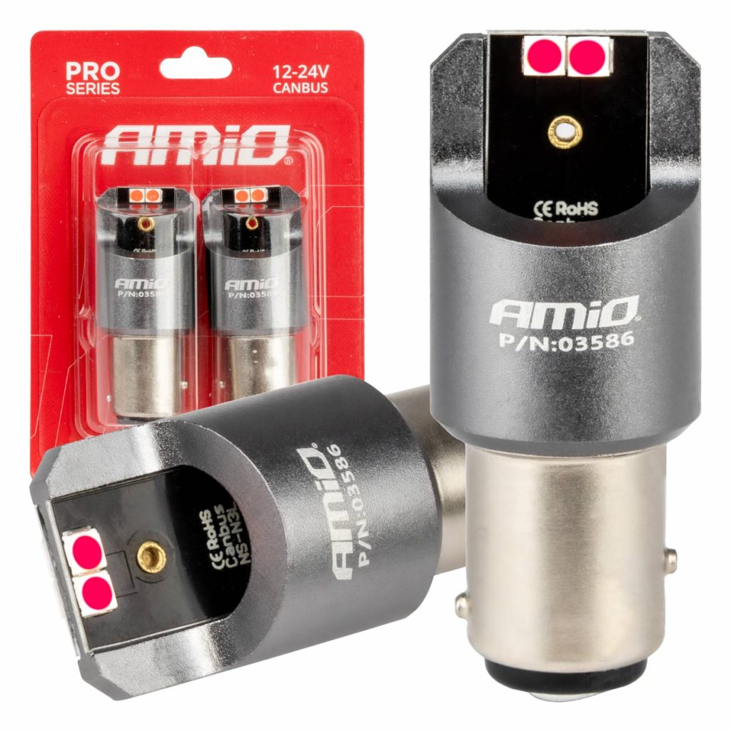 Εικόνα 1 από 4 — Amio – ΛΑΜΠΑΚΙΑ P21/5W BAY15d 12/24V 6.000K 4xSMD LED CAN-BUS ΚΟΚΚΙΝΟ PRO SERIES – 2 Τεμ. (03586/AM)