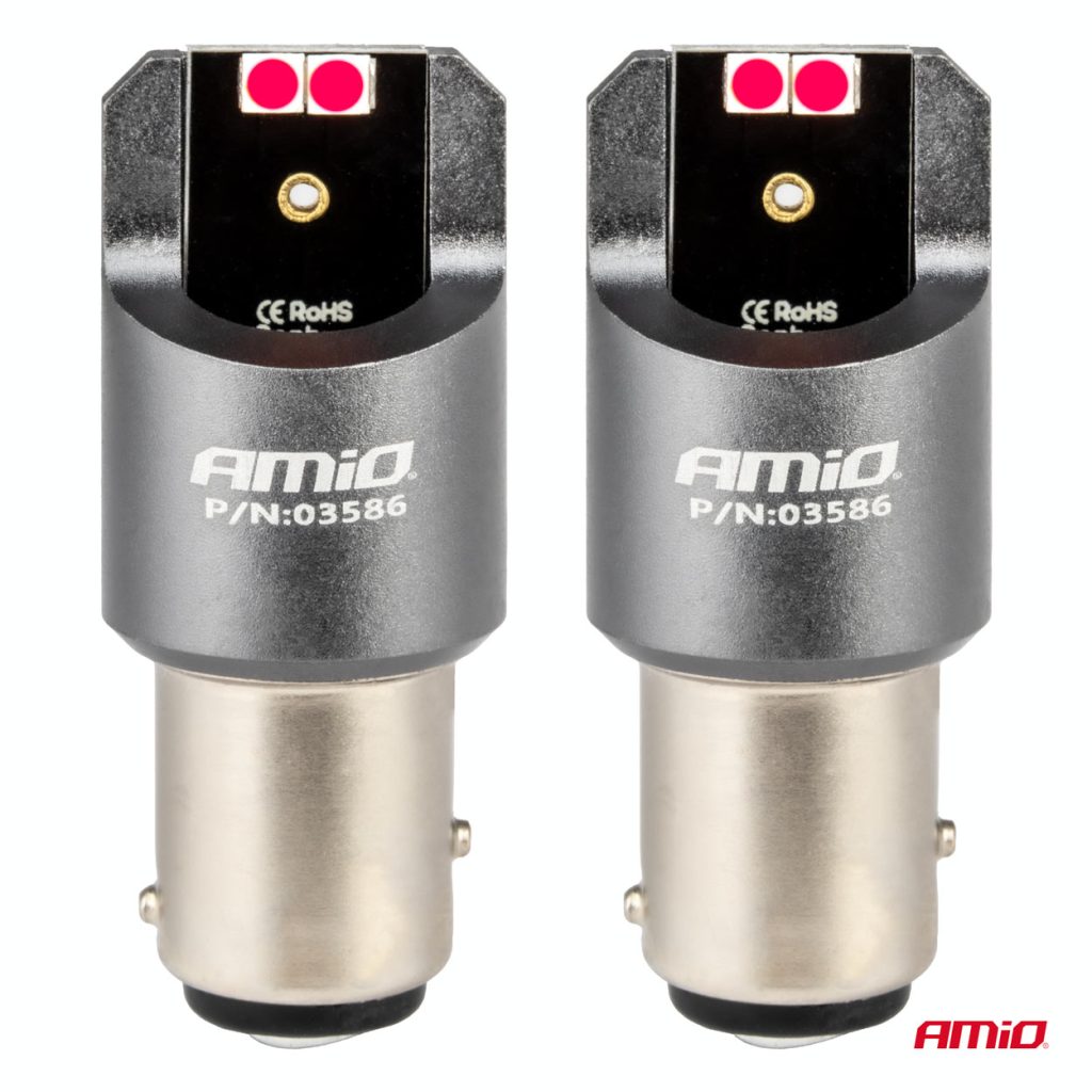 Εικόνα 2 από 4 — Amio – ΛΑΜΠΑΚΙΑ P21/5W BAY15d 12/24V 6.000K 4xSMD LED CAN-BUS ΚΟΚΚΙΝΟ PRO SERIES – 2 Τεμ. (03586/AM)