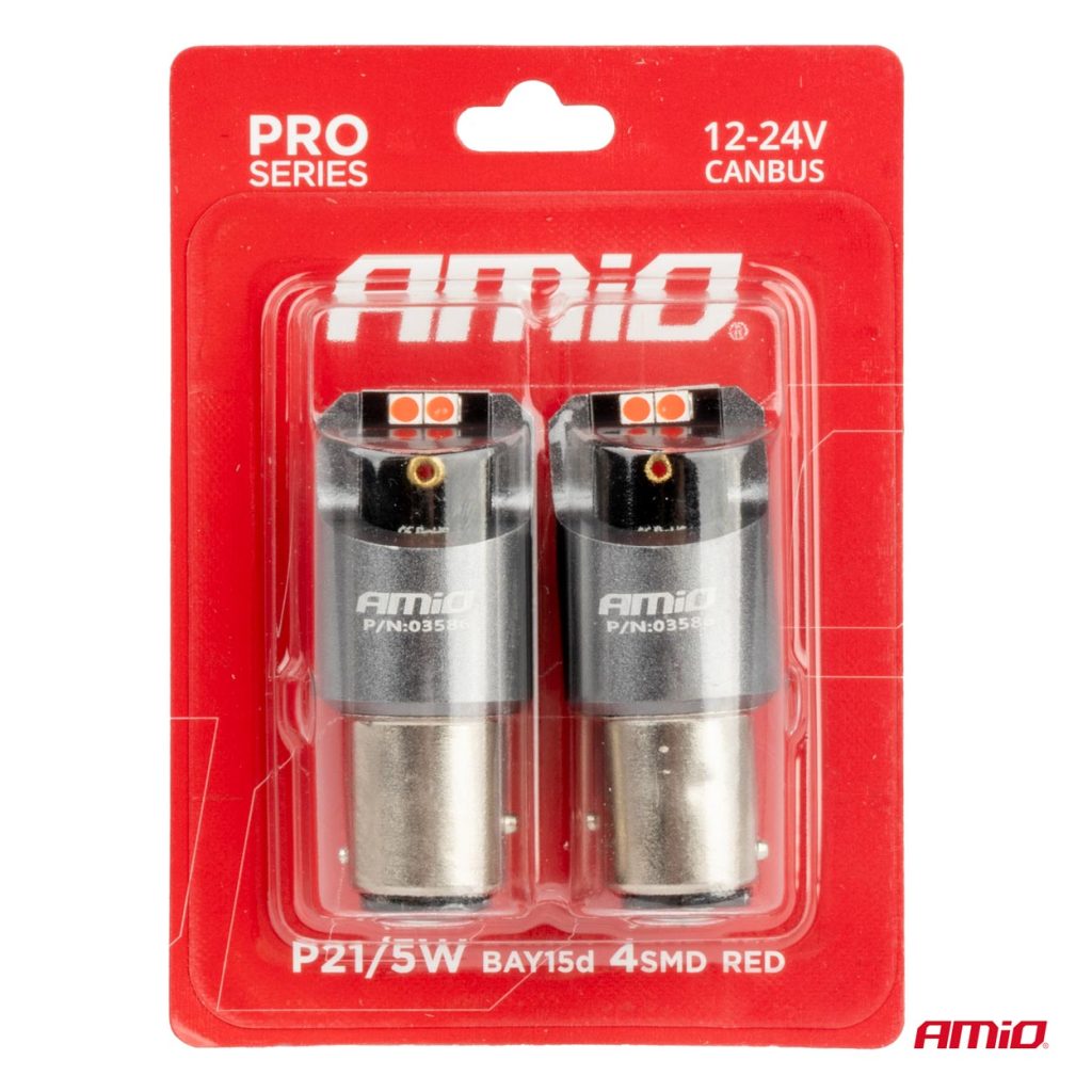 Εικόνα 4 από 4 — Amio – ΛΑΜΠΑΚΙΑ P21/5W BAY15d 12/24V 6.000K 4xSMD LED CAN-BUS ΚΟΚΚΙΝΟ PRO SERIES – 2 Τεμ. (03586/AM)