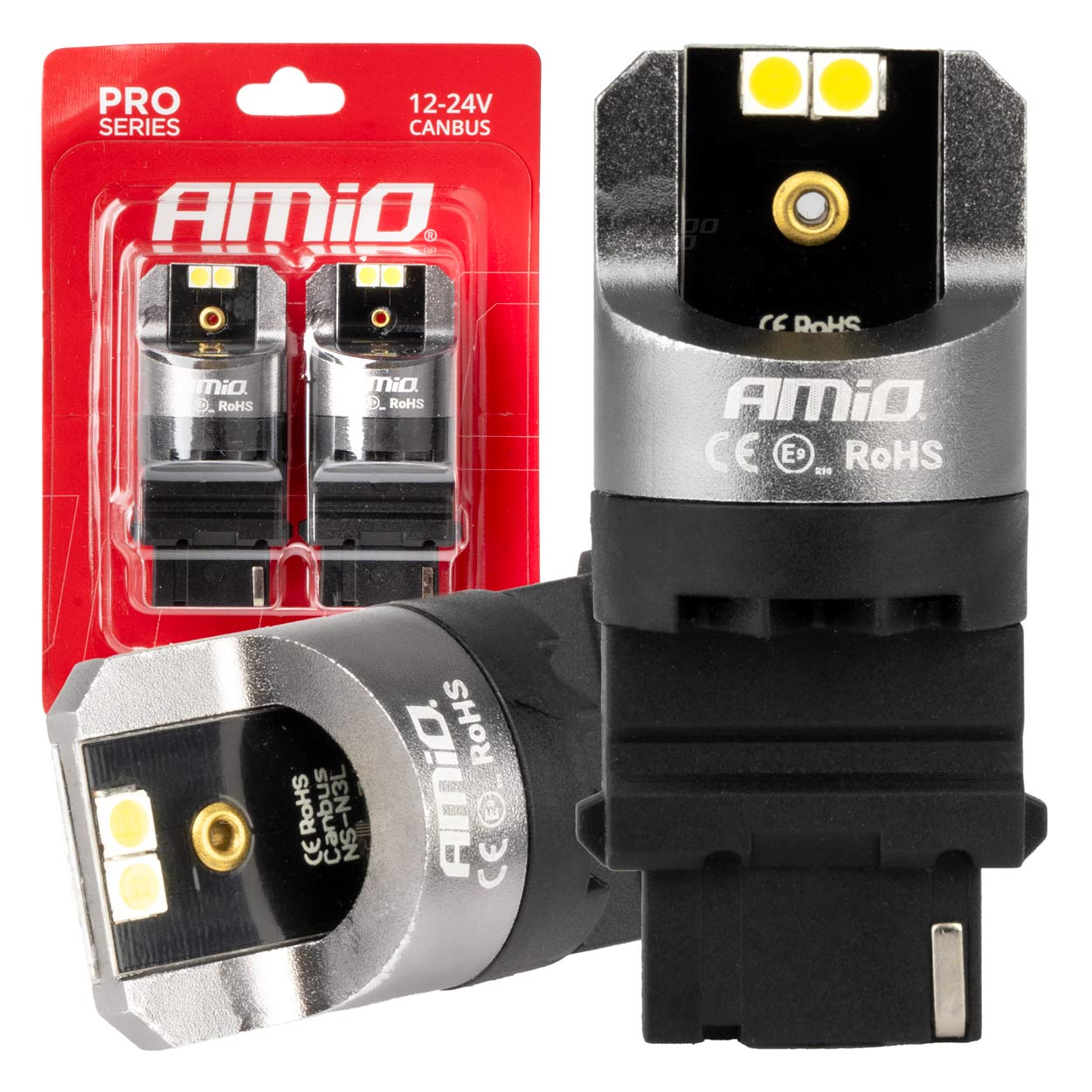 Εικόνα 1 από 4 — Amio – ΛΑΜΠΕΣ P27W 12/24V 6.000K 4SMD LED CAN-BUS ΛΕΥΚΑ PRO SERIES – 2 ΤΕΜ. (03587/AM)