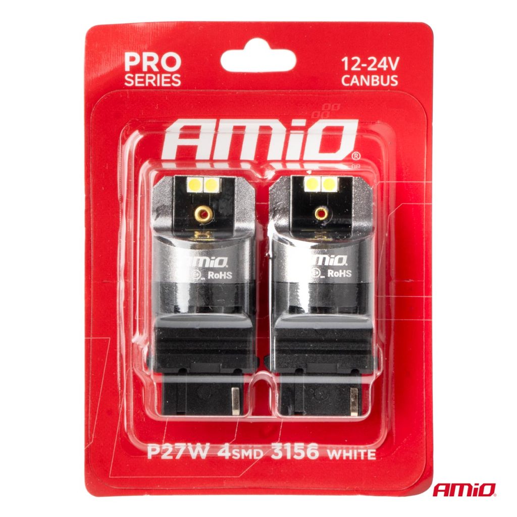 Εικόνα 4 από 4 — Amio – ΛΑΜΠΕΣ P27W 12/24V 6.000K 4SMD LED CAN-BUS ΛΕΥΚΑ PRO SERIES – 2 ΤΕΜ. (03587/AM)