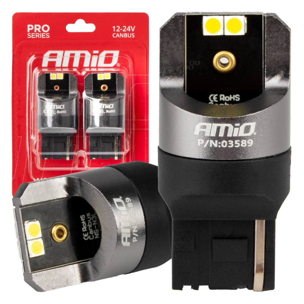 Εικόνα 1 από 1 — Amio – ΛΑΜΠΕΣ W21W 12/24V 6.000K 4SMD LED CAN-BUS ΛΕΥΚΑ PRO SERIES – 2 ΤΕΜ. (03589/AM)