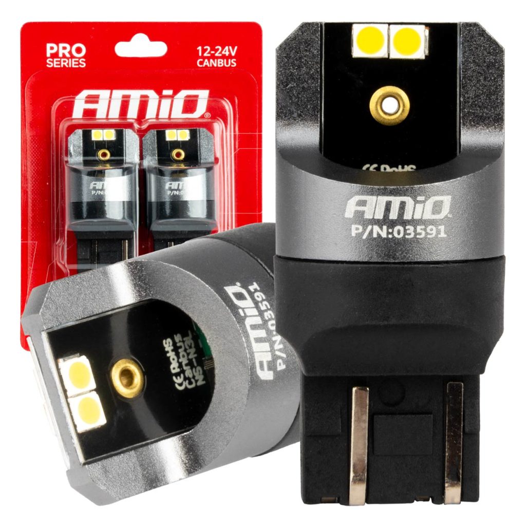 Εικόνα 1 από 4 — Amio – ΛΑΜΠΑΚΙΑ W21/5W 7443 12/24V 6.000K 4xSMD LED CAN-BUS ΛΕΥΚΟ PRO SERIES – 2 Τεμ. (03591/AM)