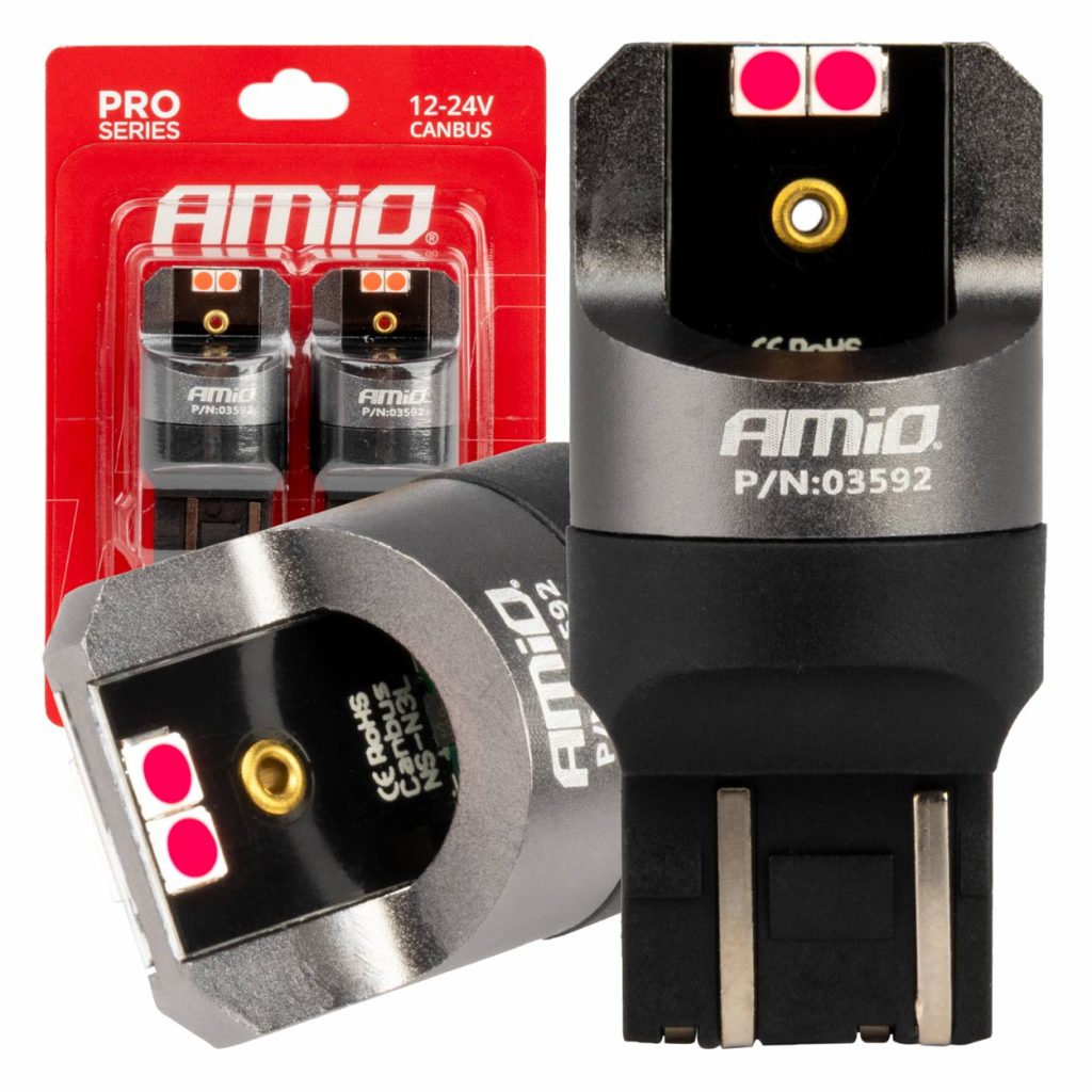 Εικόνα 1 από 4 — Amio – ΛΑΜΠΑΚΙΑ W21/5W 7443 12/24V 6.000K 4xSMD LED CAN-BUS ΚΟΚΚΙΝΟ PRO SERIES – 2 Τεμ. (03592/AM)