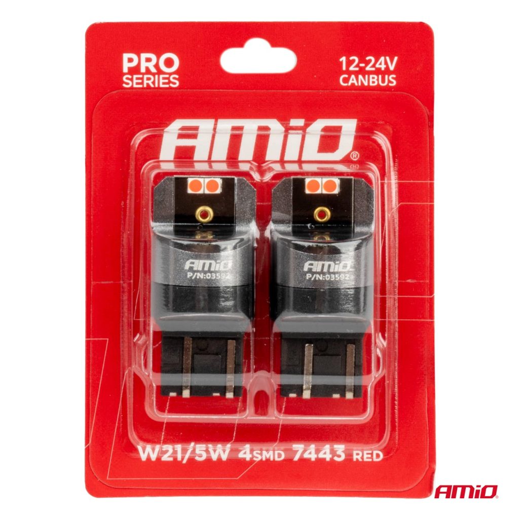Εικόνα 4 από 4 — Amio – ΛΑΜΠΑΚΙΑ W21/5W 7443 12/24V 6.000K 4xSMD LED CAN-BUS ΚΟΚΚΙΝΟ PRO SERIES – 2 Τεμ. (03592/AM)