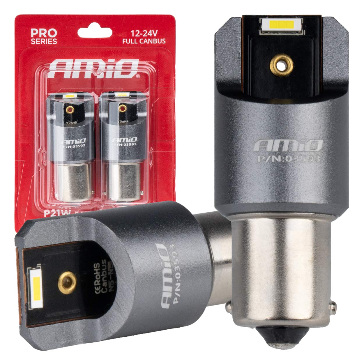 Εικόνα 1 από 4 — Amio – ΛΑΜΠΕΣ LED CAN-BUS P21W BA15S 12/24V 6.000K 2xSMD ΛΕΥΚΟ PRO SERIES – 2 ΤΕΜ. (03593/AM)