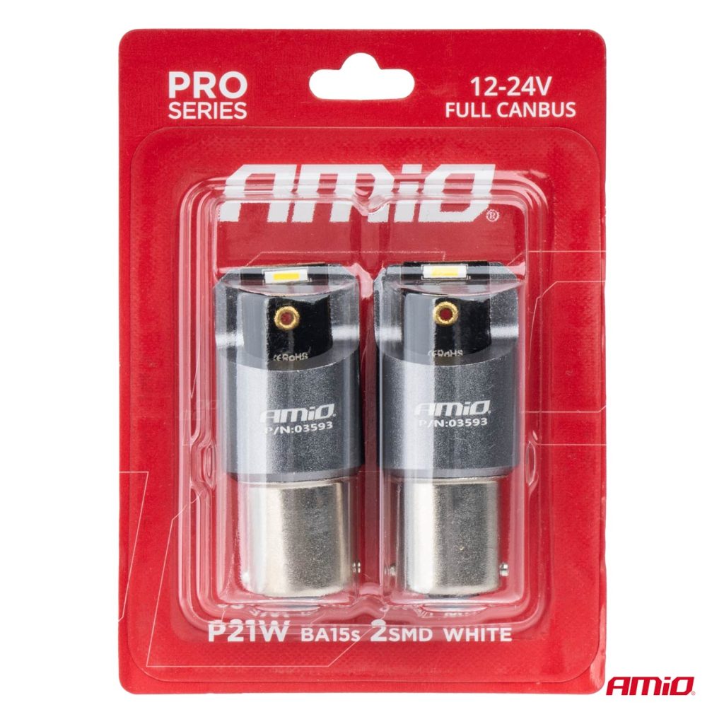 Εικόνα 4 από 4 — Amio – ΛΑΜΠΕΣ LED CAN-BUS P21W BA15S 12/24V 6.000K 2xSMD ΛΕΥΚΟ PRO SERIES – 2 ΤΕΜ. (03593/AM)