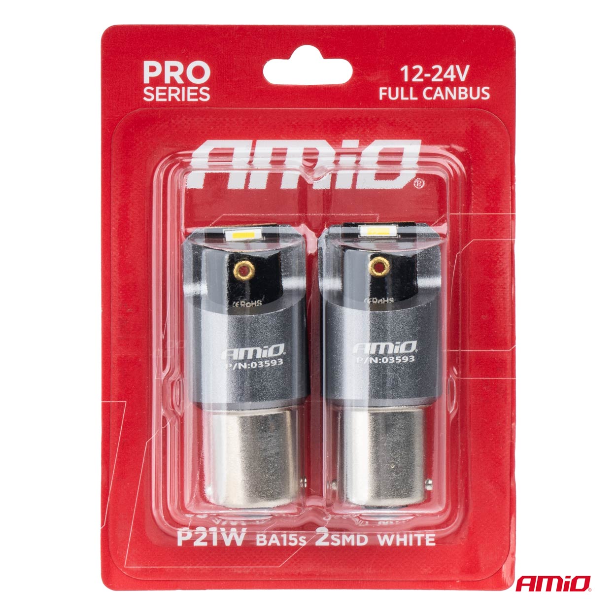 Εικόνα 4 από 4 — Amio – ΛΑΜΠΕΣ LED CAN-BUS P21W BA15S 12/24V 6.000K 2xSMD ΛΕΥΚΟ PRO SERIES – 2 ΤΕΜ. (03593/AM)