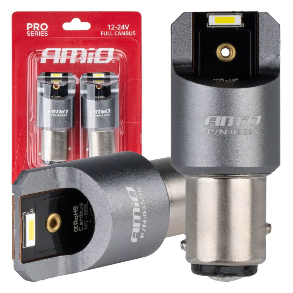 Εικόνα 1 από 4 — Amio – ΛΑΜΠΑΚΙΑ P21/5W BAY15d 12/24V 6.000K 2xSMD LED FULL CAN-BUS ΛΕΥΚΟ PRO SERIES – 2 Τεμ. (03595/AM)