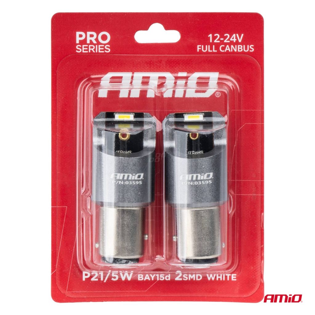 Εικόνα 4 από 4 — Amio – ΛΑΜΠΑΚΙΑ P21/5W BAY15d 12/24V 6.000K 2xSMD LED FULL CAN-BUS ΛΕΥΚΟ PRO SERIES – 2 Τεμ. (03595/AM)