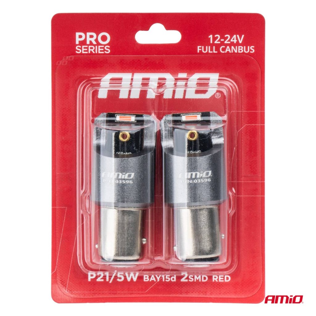 Εικόνα 4 από 4 — Amio – ΛΑΜΠΑΚΙΑ P21/5W BAY15d 12/24V 6.000K 2xSMD LED FULL CAN-BUS ΚΟΚΚΙΝΟ PRO SERIES – 2 Τεμ. (03596/AM)