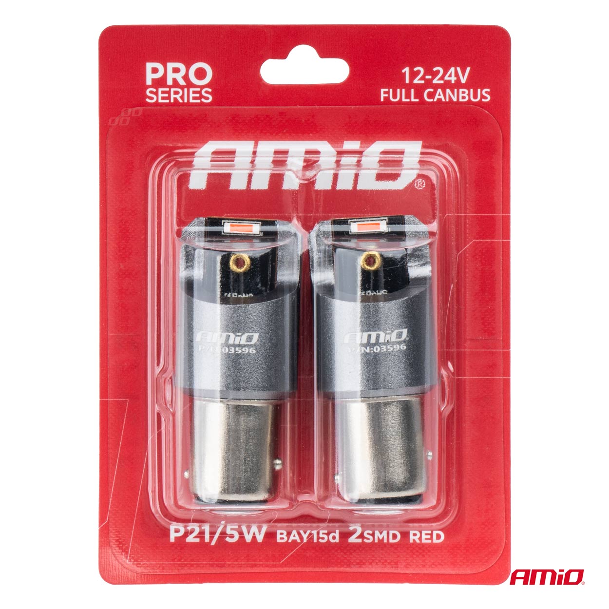 Εικόνα 4 από 4 — Amio – ΛΑΜΠΑΚΙΑ P21/5W BAY15d 12/24V 6.000K 2xSMD LED FULL CAN-BUS ΚΟΚΚΙΝΟ PRO SERIES – 2 Τεμ. (03596/AM)