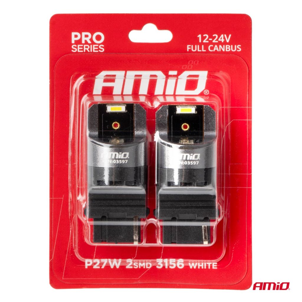 Εικόνα 4 από 4 — Amio – ΛΑΜΠΑΚΙΑ P27W 12/24V 6.000K 2SMD LED FULL CAN-BUS ΛΕΥΚΟ PRO SERIES – 2 Τεμ. (03597/AM)