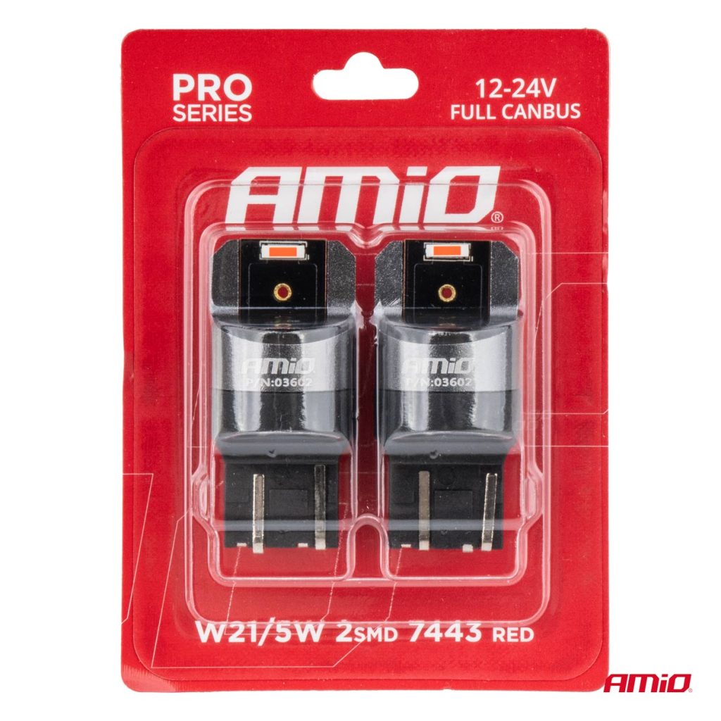 Εικόνα 4 από 4 — Amio – ΛΑΜΠΑΚΙΑ W21/5W 7443 12/24V 6.000K 2xSMD LED FULL CAN-BUS ΚΟΚΚΙΝΟ PRO SERIES – 2 Τεμ. (03602/AM)