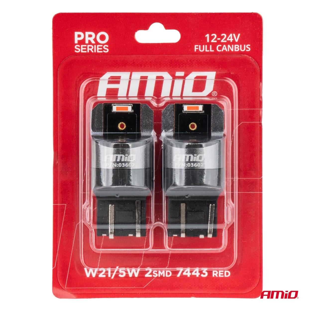 Εικόνα 4 από 4 — Amio – ΛΑΜΠΑΚΙΑ W21/5W 7443 12/24V 6.000K 2xSMD LED FULL CAN-BUS ΚΟΚΚΙΝΟ PRO SERIES – 2 Τεμ. (03602/AM)