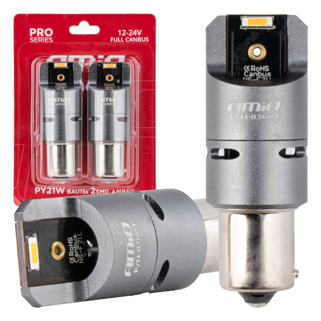 Εικόνα 1 από 4 — Amio – ΛΑΜΠΑΚΙΑ PY21W BAU15s 12/24V 6.000K 2xSMD LED FULL CAN-BUS(ΜΕ ΑΝΕΜΙΣΤΗΡΑΚΙ) ΠΟΡΤΟΚΑΛΙ PRO SERIES – 2 Τεμ. (03604/AM)