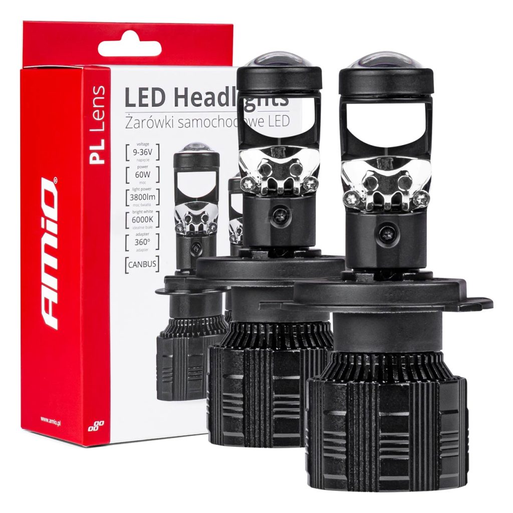 Εικόνα 1 από 7 — Amio – ΛΑΜΠΕΣ H4 PL-LENS SERIES 9>36V 60W 5.000K 3.800lm LED 2×4575 SMD CAN-BUS ΜΕ ΠΡΟΤΖΕΚΤΟΡΑ – 2 Τεμ. (03667/AM)
