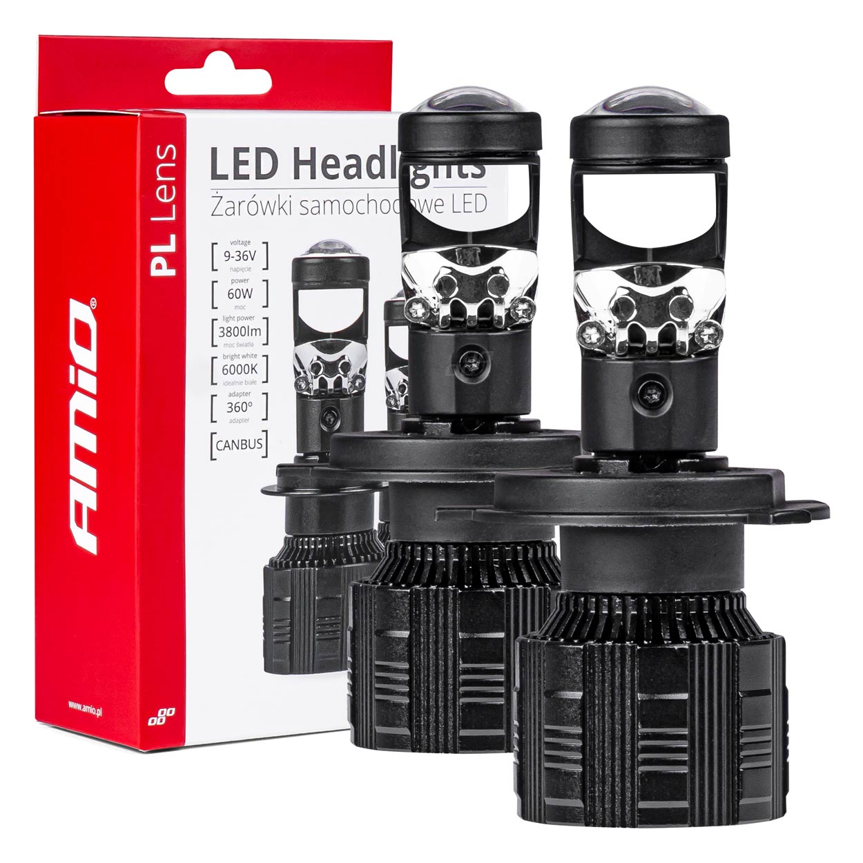 Εικόνα 1 από 7 — Amio – ΛΑΜΠΕΣ H4 PL-LENS SERIES 9>36V 60W 5.000K 3.800lm LED 2×4575 SMD CAN-BUS ΜΕ ΠΡΟΤΖΕΚΤΟΡΑ – 2 Τεμ. (03667/AM)