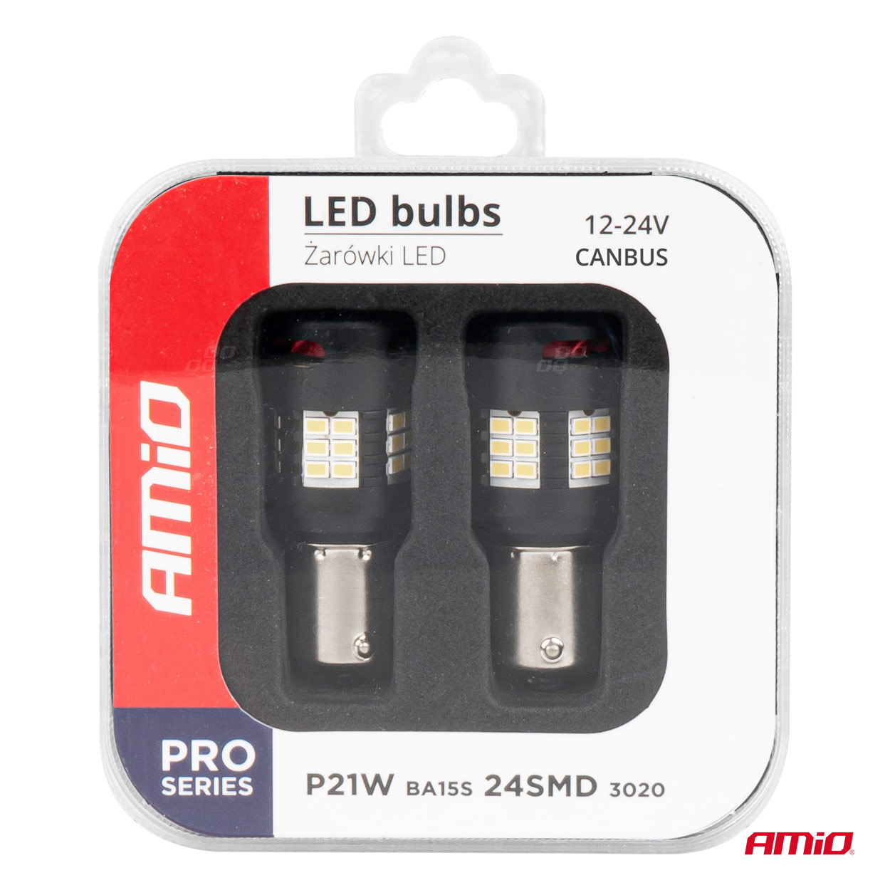 Εικόνα 5 από 5 — Amio – Λάμπες LED P21W βάση BA15S τύπου Pro Series τάση λειτουργίας 12/24V με 24×3020 SMD Can-bus λευκό για Επιβατικά Αυτοκίνητα και Φορτηγά – 2 τεμ. (03721/AM)