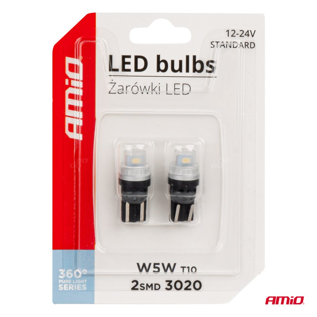 Εικόνα 5 από 5 — Amio – ΛΑΜΠΑΚΙΑ T10 W5W 12/24V 2×3020 SMD LED ΛΕΥΚΟ PURE LIGHT SERIES – 2 Τεμ. (03726/AM)