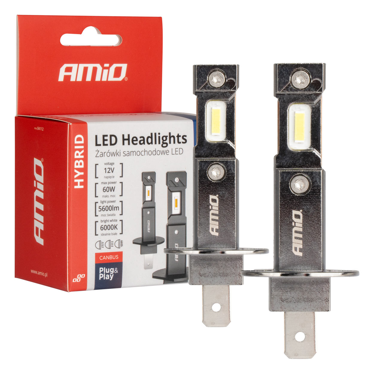 Εικόνα 1 από 5 — Amio – ΛΑΜΠΕΣ LED H1 12V 60W 6.000K 5.600lm +400% CAN-BUS HYBRID SERIES – 2 τεμ. (04112/AM)