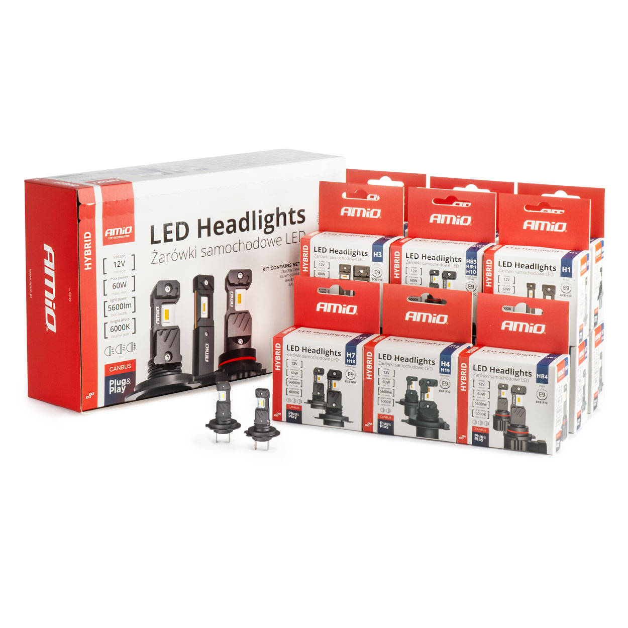 Εικόνα 1 από 7 — Amio – ΛΑΜΠΕΣ LED H1/H3/H4(x3)/H7(x9)/HB3/HB4 12V 60W 6.000K 5.600lm LED CAN-BUS HYBRID SERIES – ΣΕΤ 16 ΤΕΜ. (04120/AM)